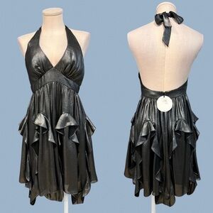 BCBGENERTION ruffled gunmetal gray halter dress with open back